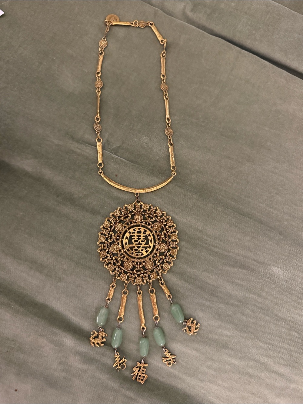 Goldette Asian Inspired Filigree Pendant Necklace with Green Bead Accents